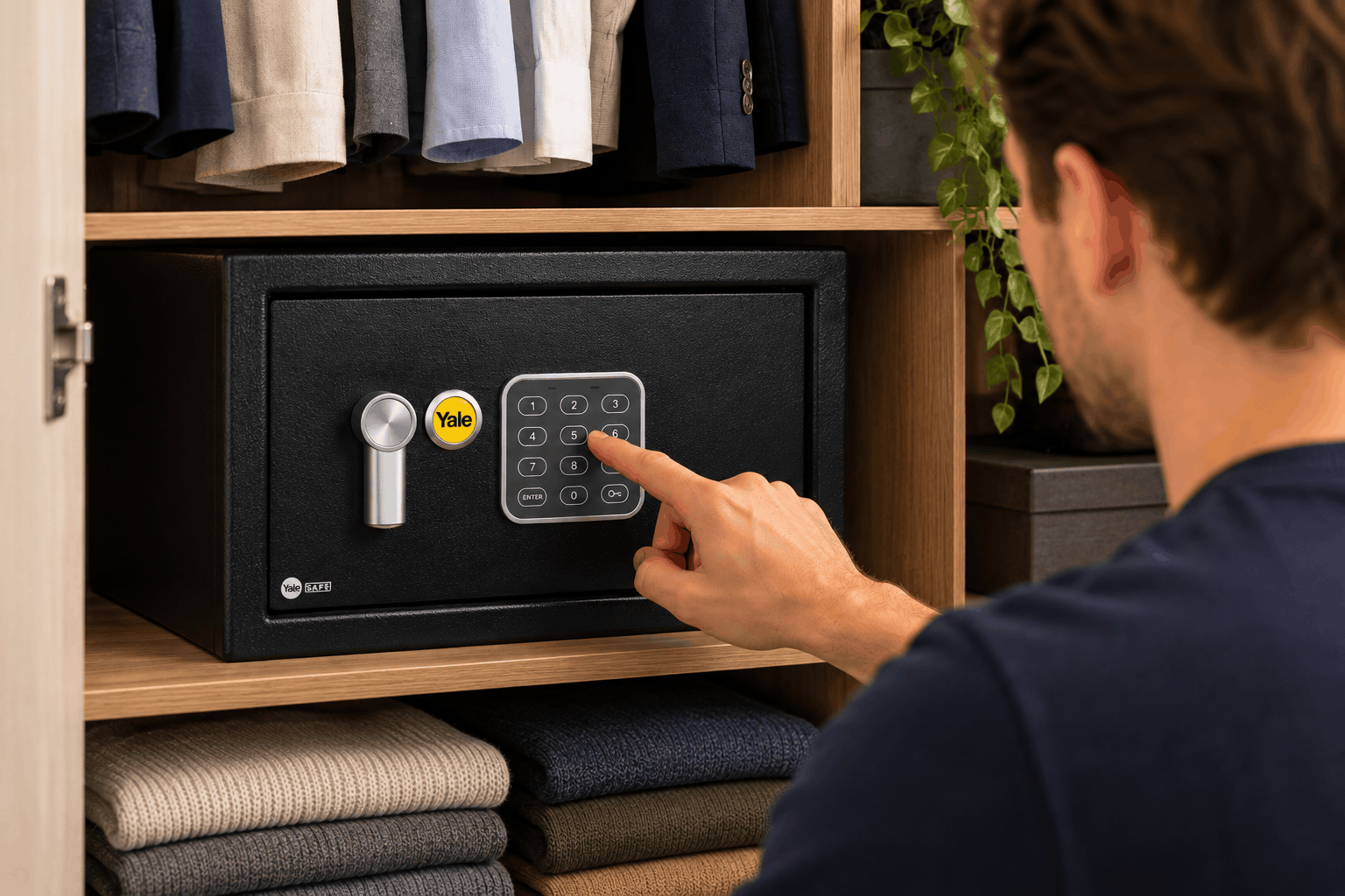 man voert code in om elektronische kluis
